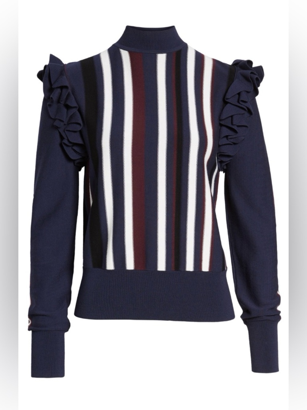 Halogen Navy Striped Detachable Sleeve Ruffle Sweater

74% Viscose 
26 Nylon